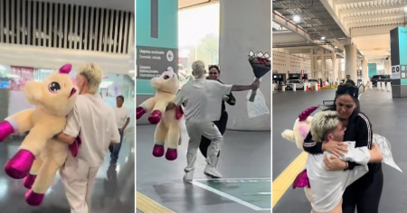 Lágrimas, abrazos y un peluche gigante: Así fue el reencuentro de un cubano con su madre en pleno aeropuerto