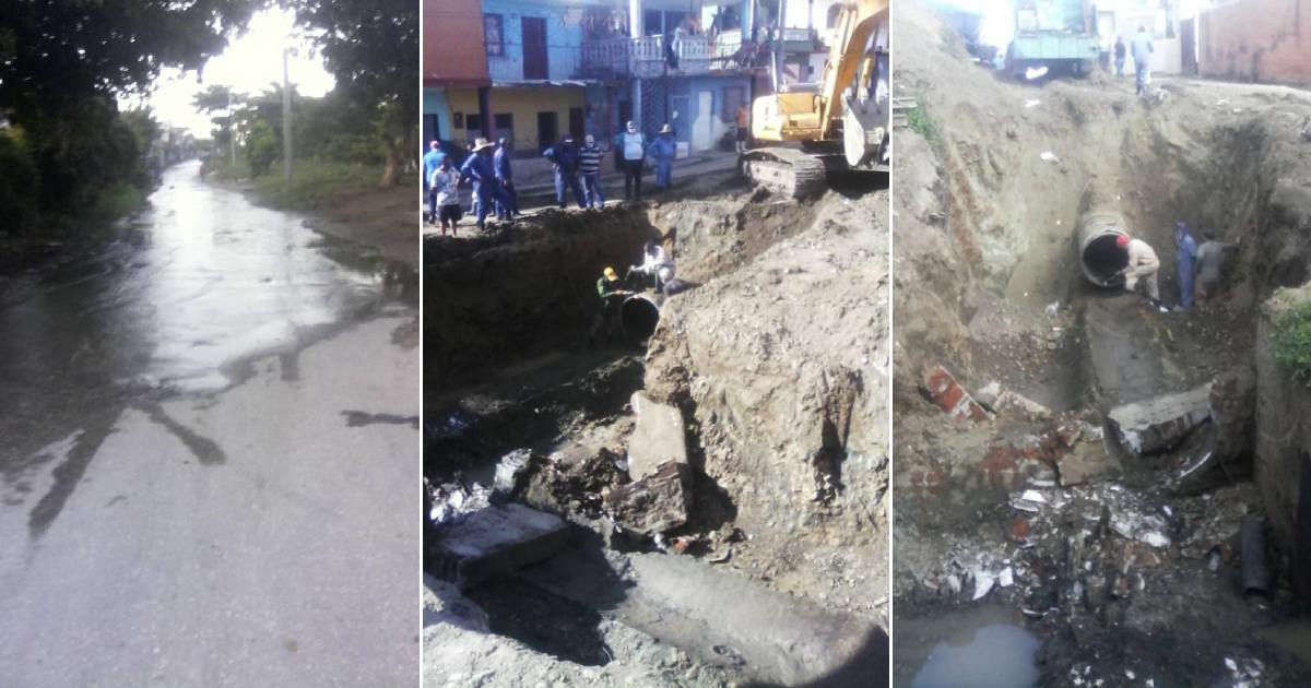 Imágenes del salidero en el reparto Kilo 12 (izq.) y del comienzo de las reparaciones en Sancti Spíritus. © CiberCuba